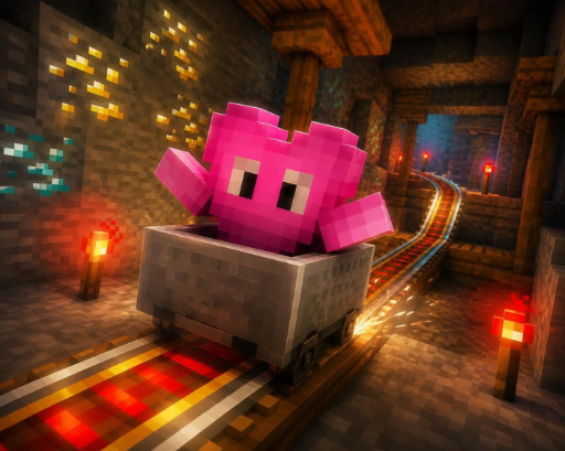 Pink Dot riding a minecart